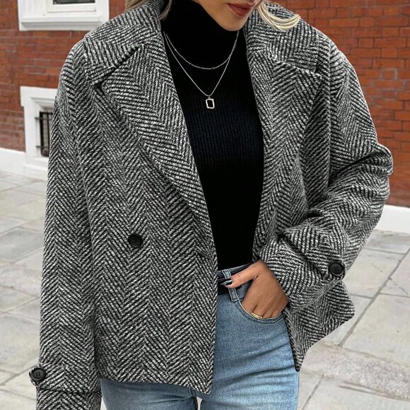 Grey Lapel Herringbone Women's Long Sleeve Straight-Leg Loose Coat - Picture 4 of 5